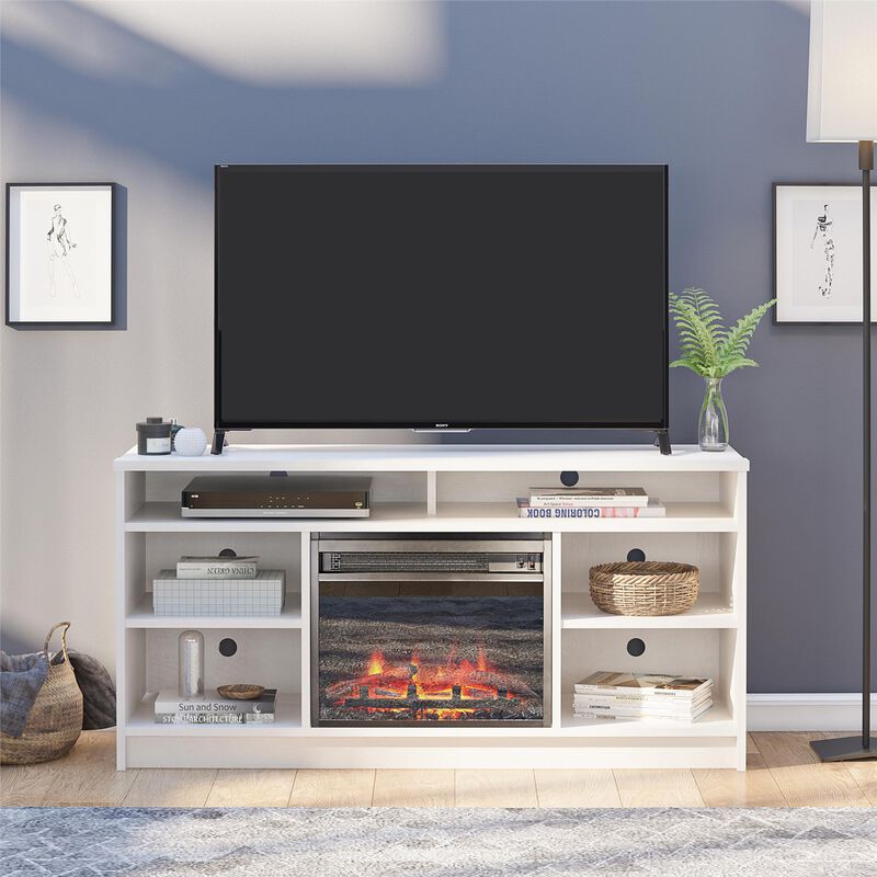 Hickory Hill 55" TV Stand with Electric Fireplace Space Heater and 6 Shelves