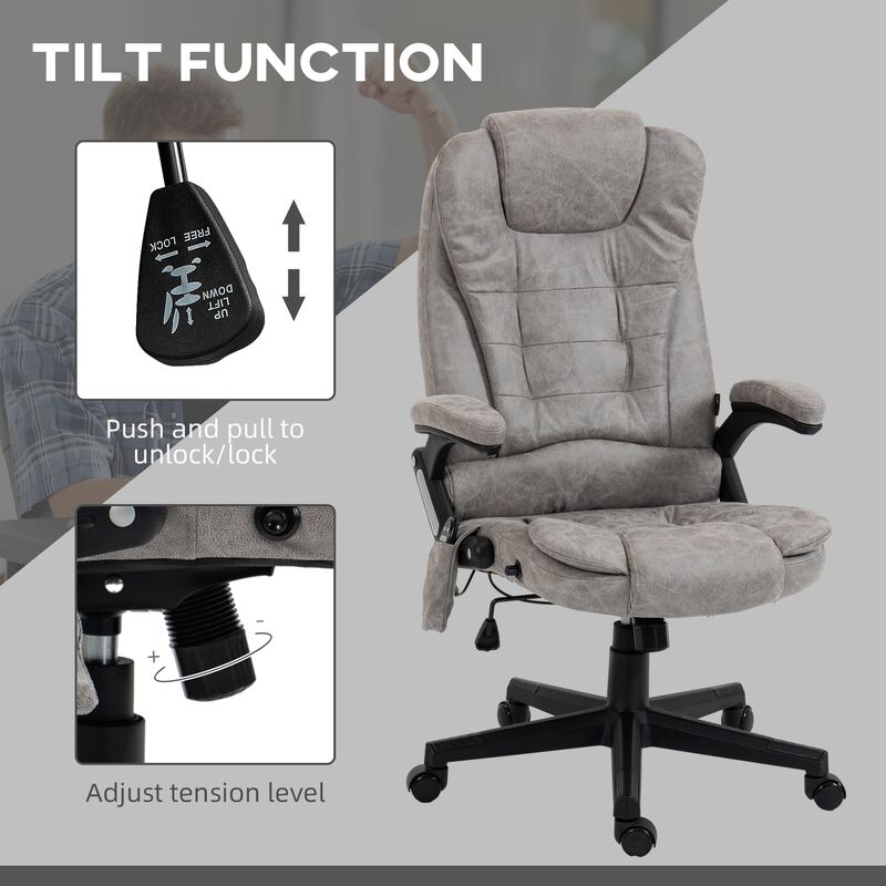 High-Back Linen Office Chair with 6-Point Vibrating Heated Massage, Reclining Backrest, Padded Armrests, and Remote, in Gray