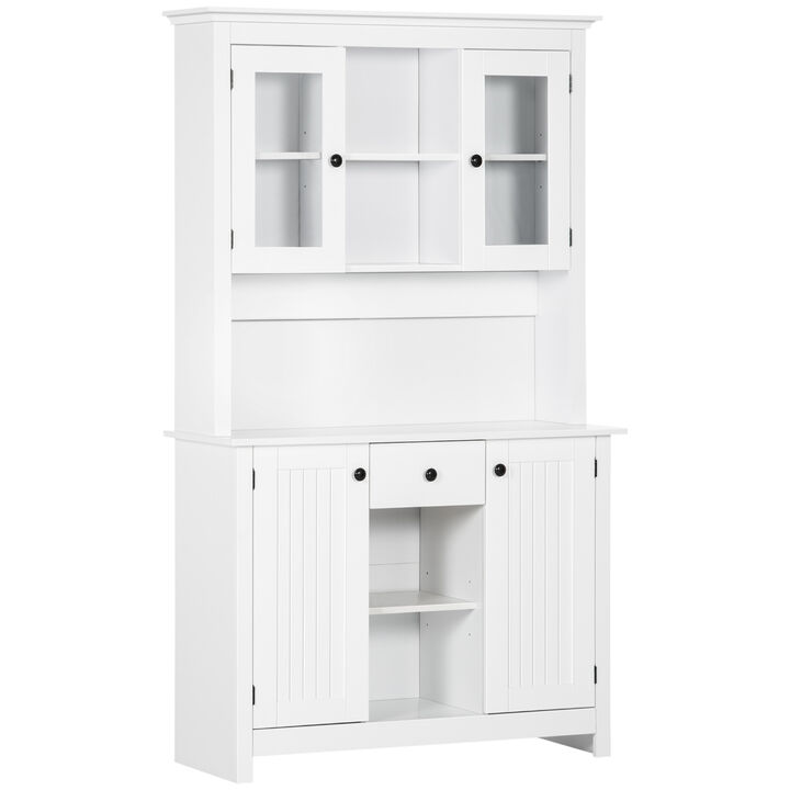 HOMCOM Freestanding Rustic Buffet with Hutch, 4 Door Farmhouse Kitchen Pantry Cabinet, Microwave Stand with Beadboard Panel, Drawer and Adjustable Shelves, White