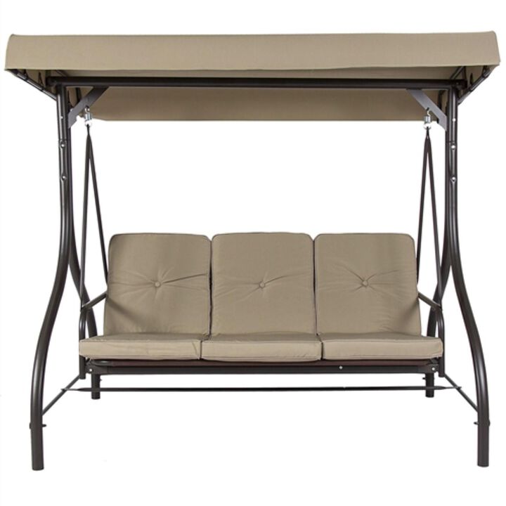 Hivvago Tan 3 Seat Outdoor Porch Deck Patio Canopy Swing with Cushions