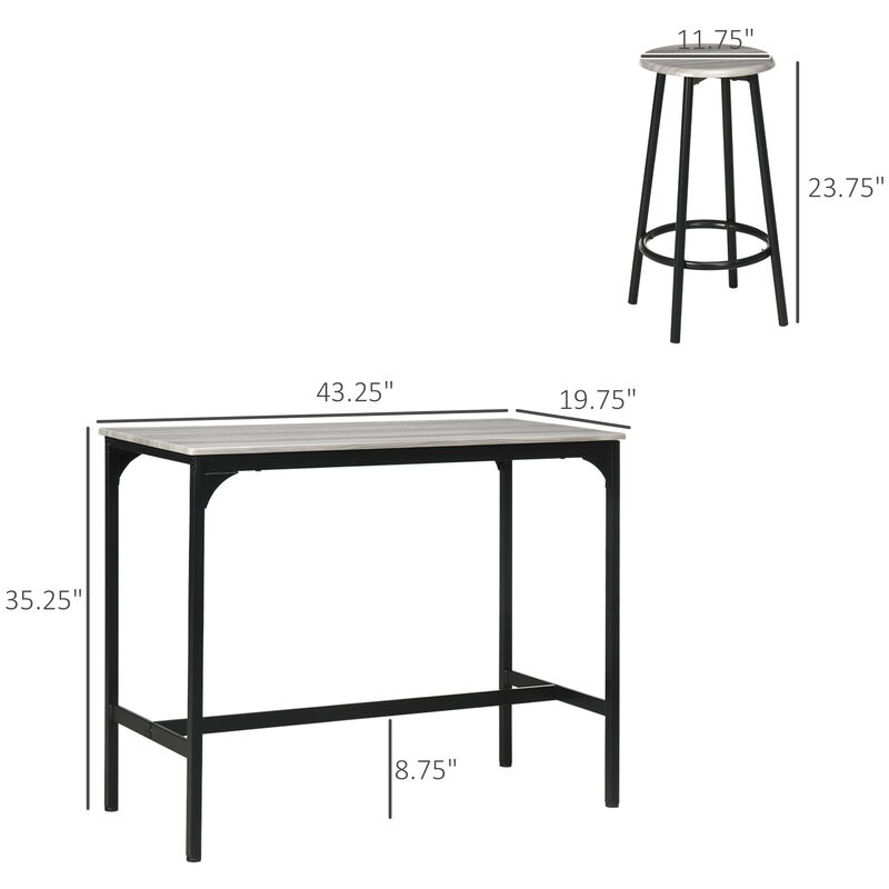 HOMCOM 5-Piece Counter Height Bar Table Set, Rustic 43.25" Dining Table with 4 Bar Stools, Kitchen Table with Wooden Top for Pub, Dining Room, Gray