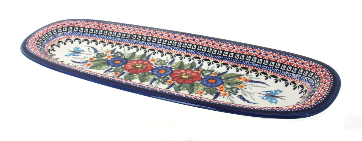 Blue Rose Polish Pottery Flowering Peacock Large Bread Platter