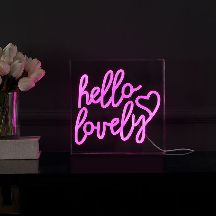 Hello Lovely 10" Square Contemporary Glam Acrylic Box USB Operated LED Neon Light, Pink