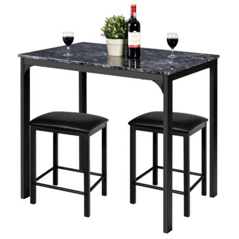 Hivvago Modern 3 Piece Dining Set Black Faux Marble Table Top and 2 Black Chairs Stools