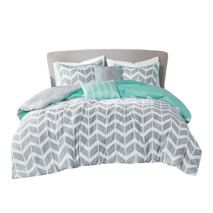 Hivvago Reversible Comforter Set in Grey White Aqua Teal Chevron Stripe