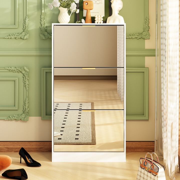 Modern Shoe Storage Cabinet with 3 Drawers & Mirror, Wood 3-Tier Shoe Rack Organizer for Entryway, Bedroom & Hallway (22.4&rdquo;W x 9.6&rdquo;D x 42.1&rdquo;H)