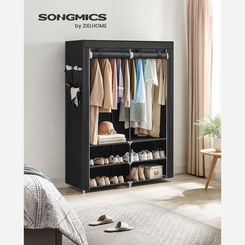 Portable Closet Wardrobe with Shoe Rack, Cover & Dual Hanging Rods