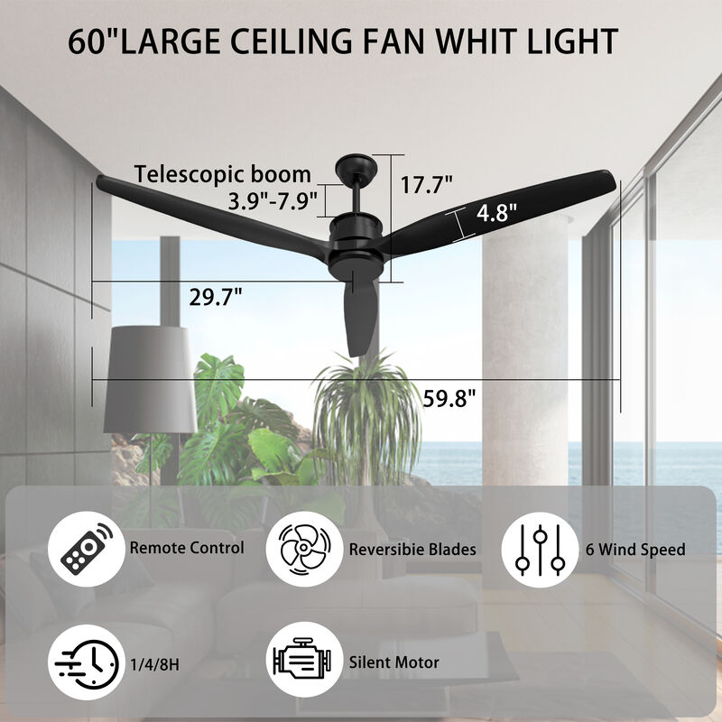 Indoor/Outdoor Use 60 in. Black 3 Wooden Blade Propeller Ceiling Fan with Remote Control, DC Motor, 6-Speed Adjustable