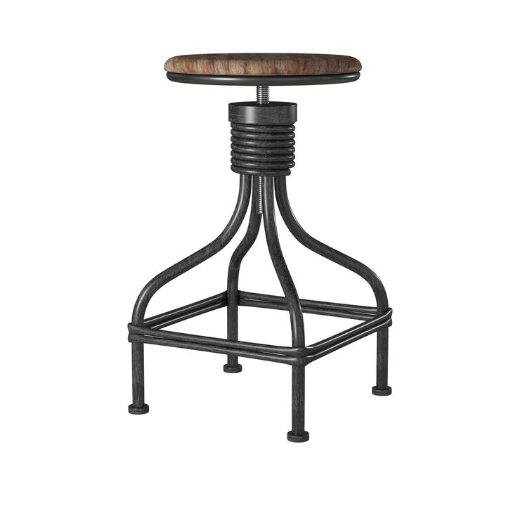 20-30 Inch Swivel Counter Bar Stool, Vintage Metal Frame, Round Seat, Brown, Black-Benzara