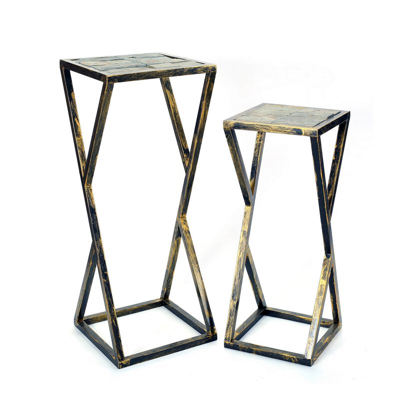 Stone Top Plant Stand with Geometric Base, Set of 2, Black and Gray-Benzara