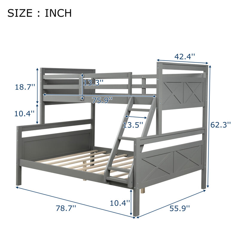 Twin over Full Bunk Bed with ladder, Safety Guardrail, Perfect for Bedroom, Gray