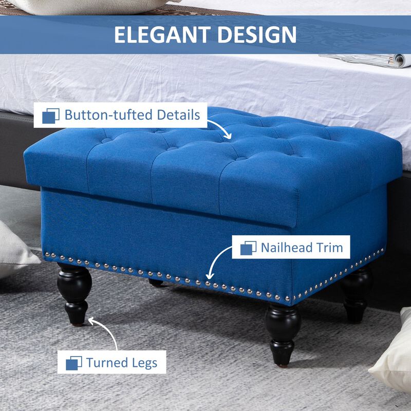 Blue Versatile Seating: 25" Tufted Storage Ottoman with Wood Legs