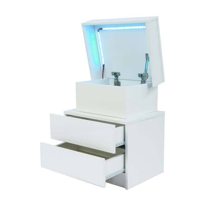 Modern White Nightstand with LED Lights