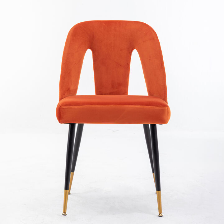 Collection Modern Contemporary Velvet Upholstered Dining Chair with Nailheads and Gold Tipped Black Metal Legs, Orange, Set of 2