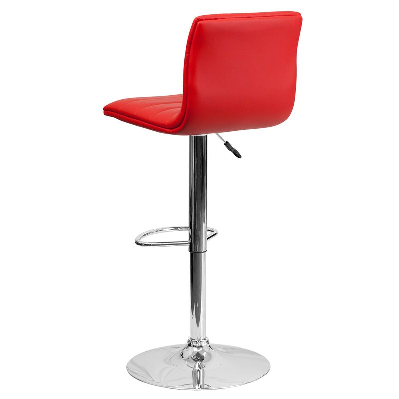 Flash Furniture Vincent Modern Red Vinyl Adjustable Bar Stool with Back, Swivel Stool with Chrome Pedestal Base and Footrest