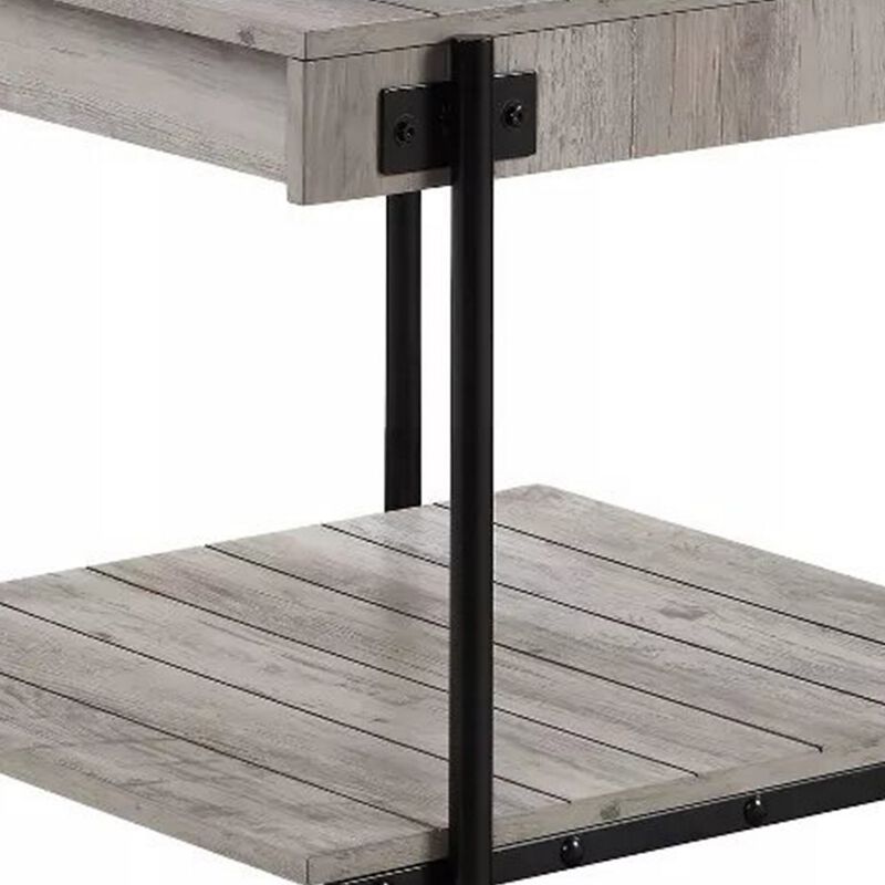 Loak 24 Inch Side End Table, Plank Design, Caster Wheels, Brown, Black - Benzara
