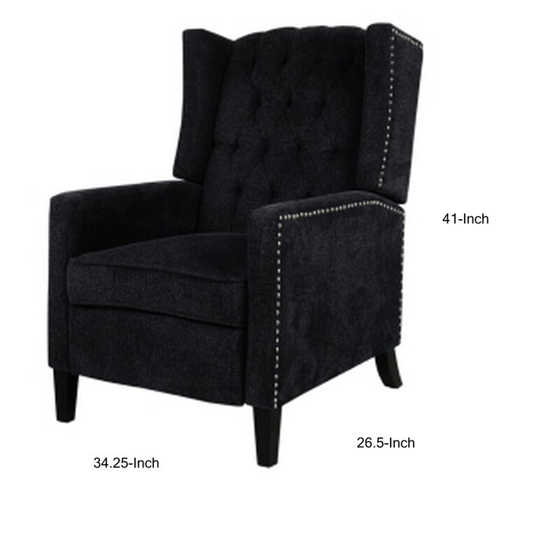 Recliner Chair with Button Tufted Pushback and Sleek Arms, Black-Benzara
