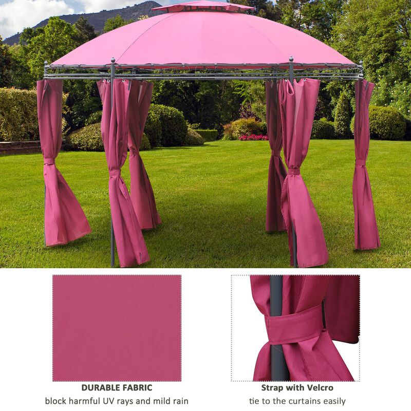 11.5' Steel Outdoor Patio Gazebo Canopy with Double roof Romantic Round Design & Included Side Curtains, Wine Red
