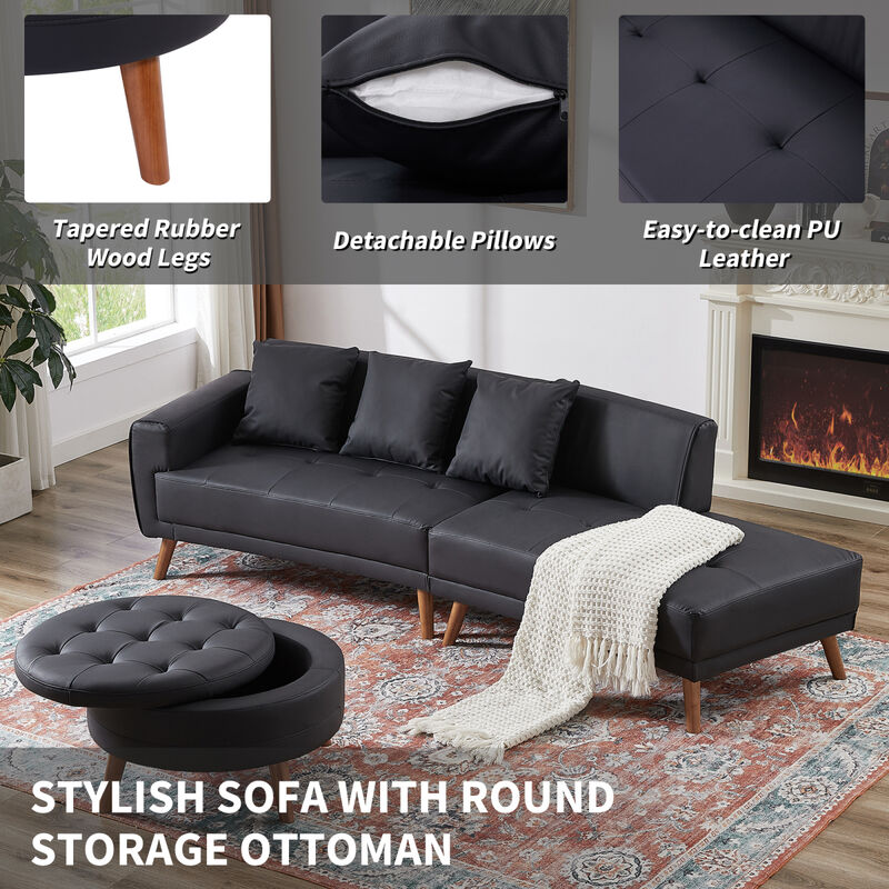 107" Contemporary Sofa Stylish Sofa Couch With A Round Storage Ottoman and 3 Pillows