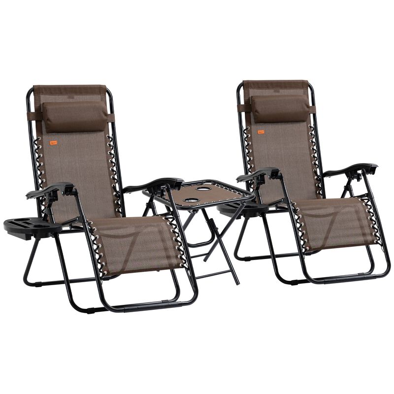 Brown Outdoor Relaxation: 3-Piece Zero Gravity Chair Set with Table