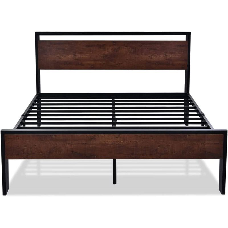 Hivvago Queen Metal Platform Bed Frame with Mahogany Wood Panel Headboard Footboard