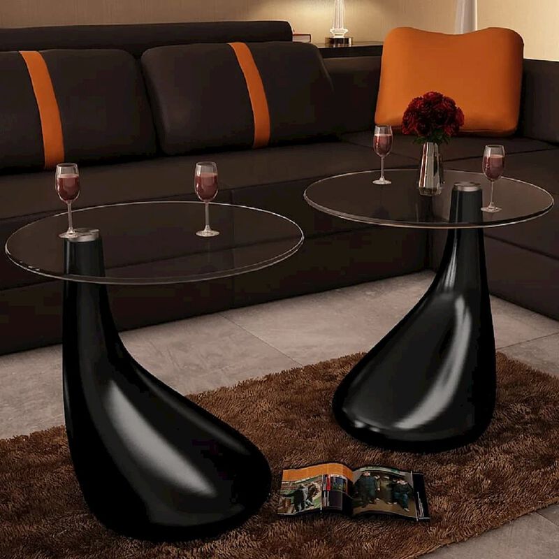 vidaXL Coffee Tables 2 pcs with Round Glass Top High Gloss Black, 240323