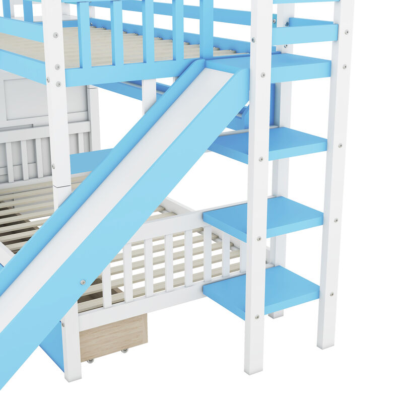 Twin Over Twin Castle Style Bunk Bed with 2 Drawers 3 Shelves and Slide Blue