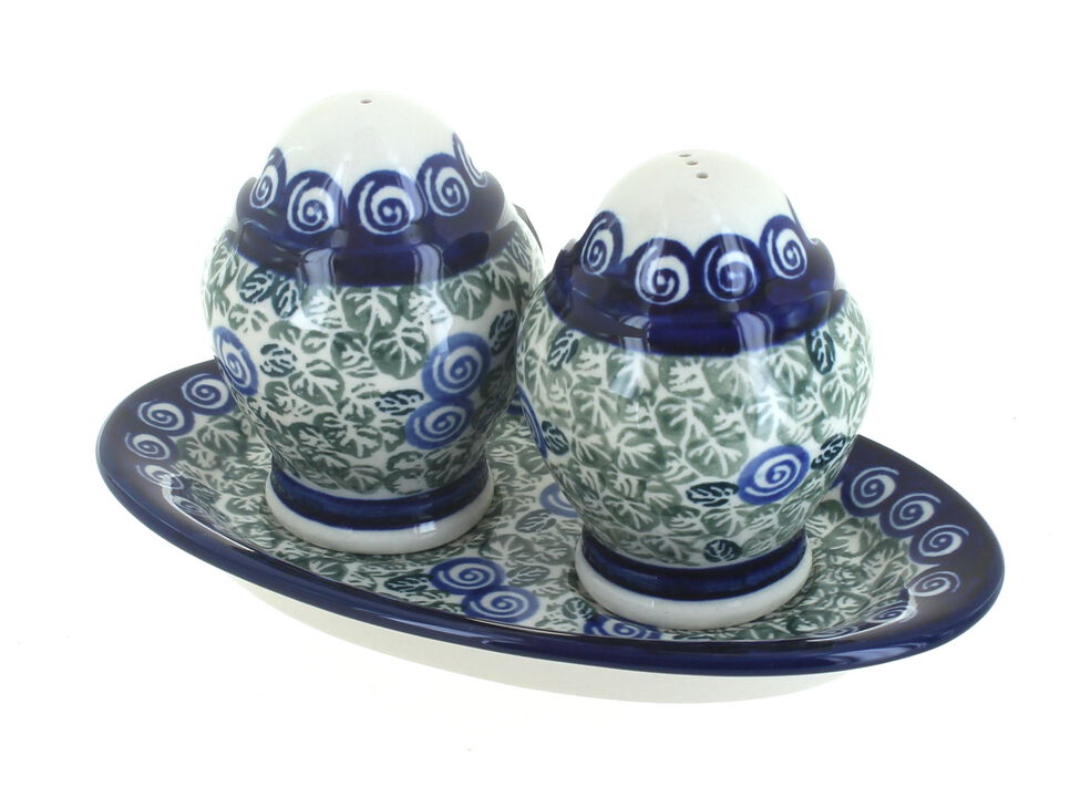 Blue Rose Polish Pottery Mosaic Flower Salt & Pepper Shaker with Dish