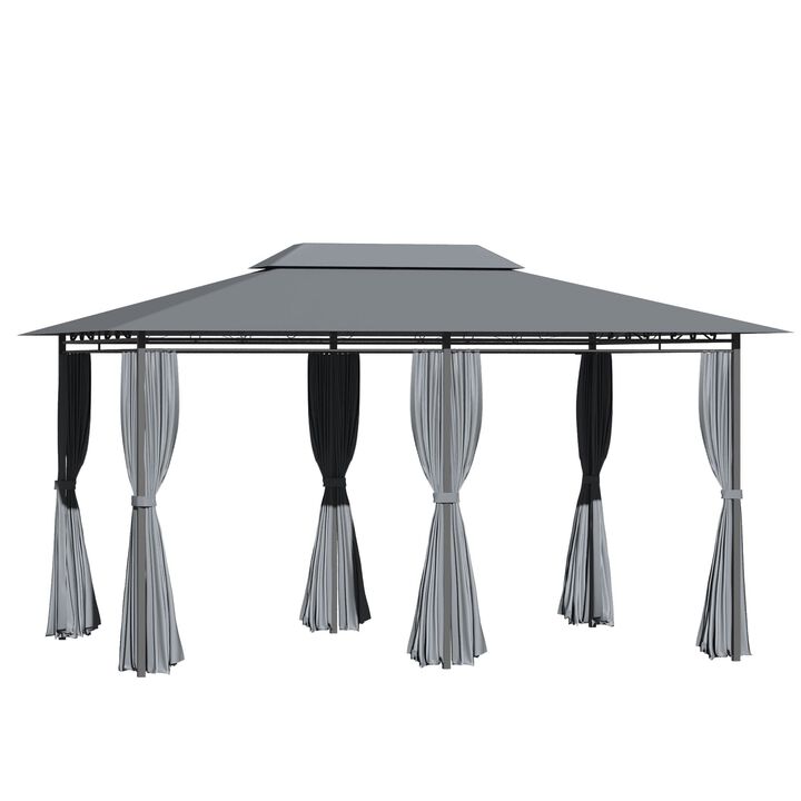 10' x 13' Outdoor Soft Top Gazebo Pergola with Curtains, 2-Tier Steel Frame Gazebo for Patio, Sage Grey