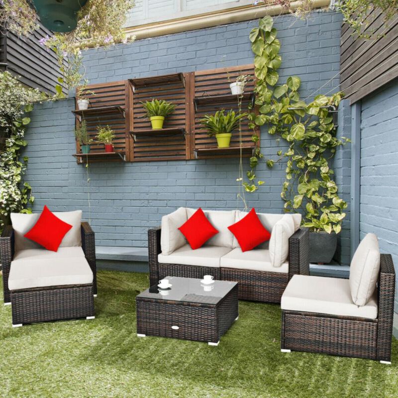 Hivvago 6 Pieces Patio Rattan Furniture Set with Sectional Cushion