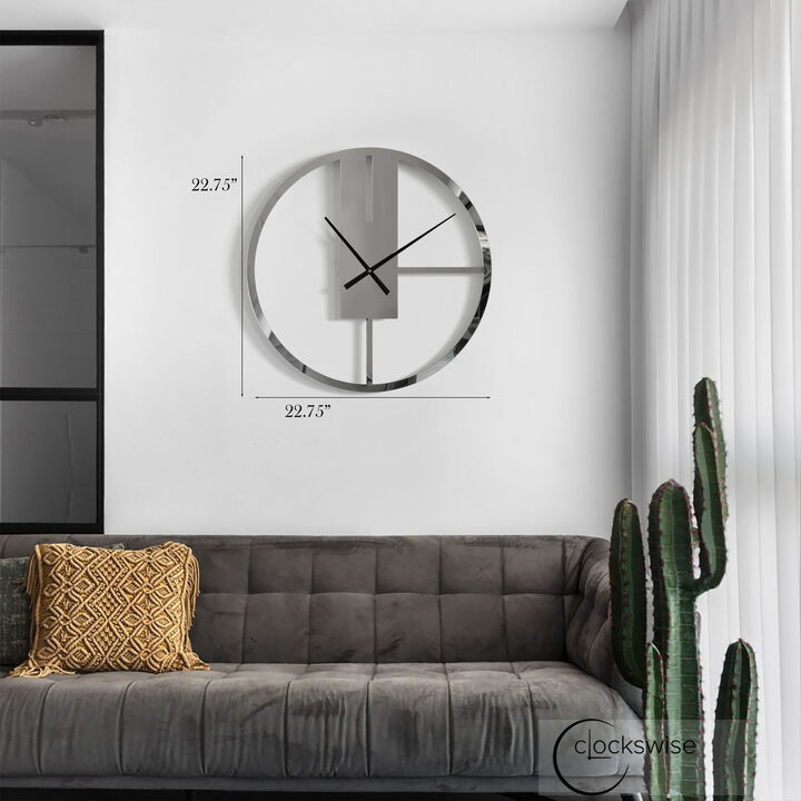 Modern Round Big Wall Clock with Mirror Face, Decorative Silver Metal 22.75� Oversize Timepiece for Entryway Office Living Room Bedroom or Kitchen, Hanging Supplies Included, Unique Elegant Home Decor