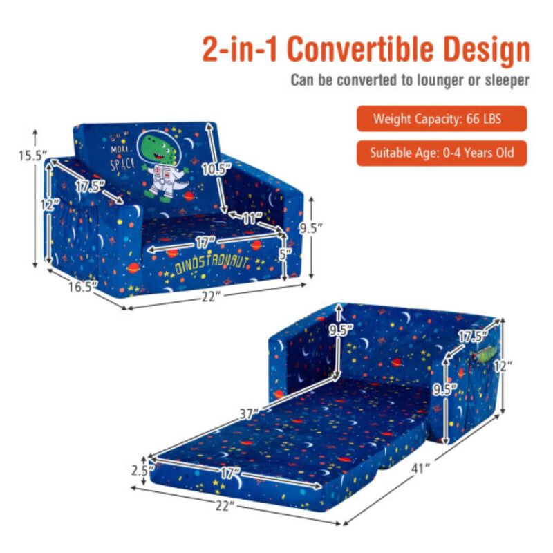 2-in-1 Convertible Kids Sofa with Velvet Fabric - Dinostronaut