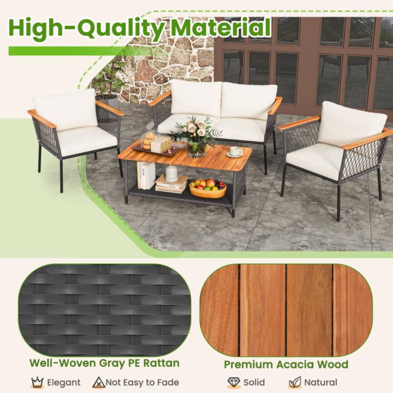 Hivvago 4 Piece Patio Rattan Furniture Set with 2-Tier Coffee Table