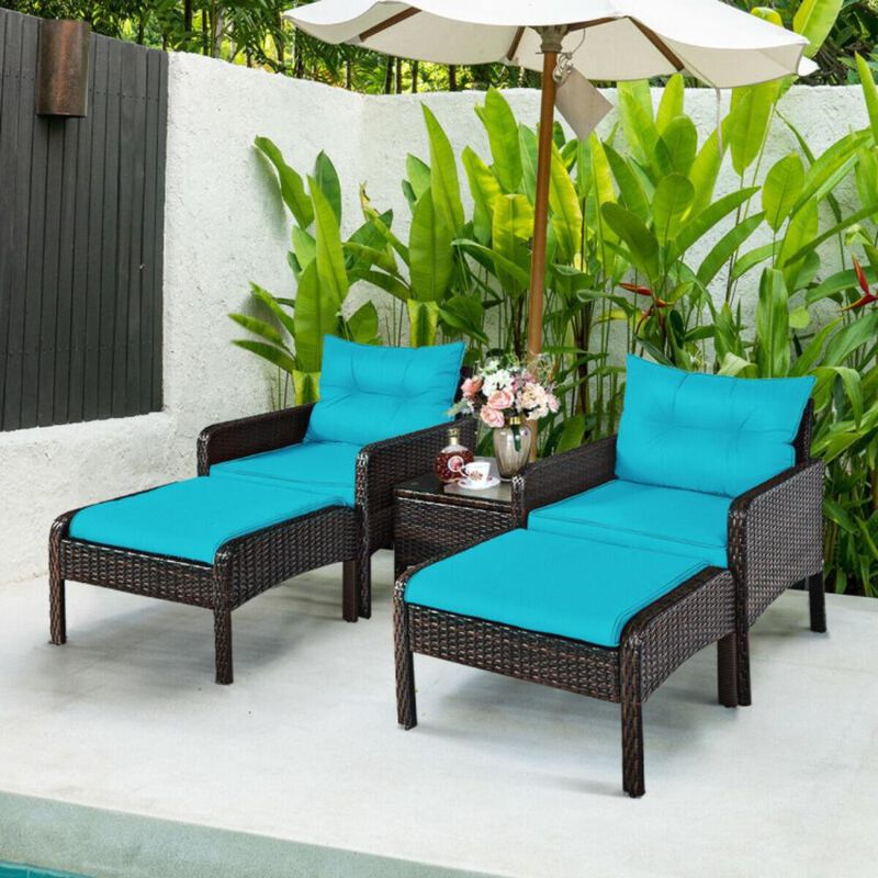 Hivvago 5 Pieces Patio Rattan Sofa Ottoman Furniture Set with Cushions