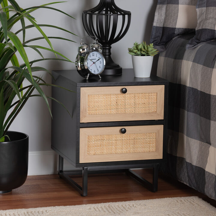 Baxton Studio Declan Mid-Century Modern Espresso Brown Finished Wood and Natural Rattan 2-Drawer End Table