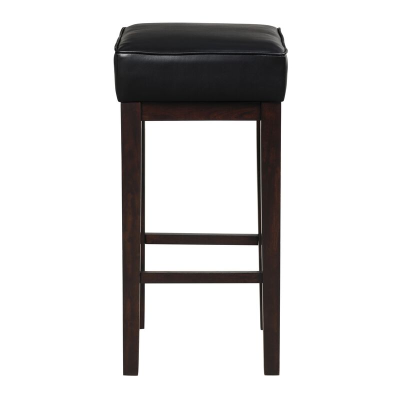 Vin 31 Inch Bar Height Stool, Black Faux Leather Seat, Dark Brown, Set of 2 - Benzara