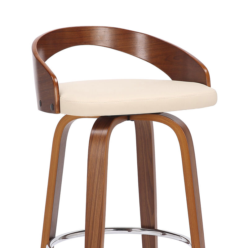 Sonia Bar Height Swivel Brown Faux Leather and Walnut Wood Bar Stool