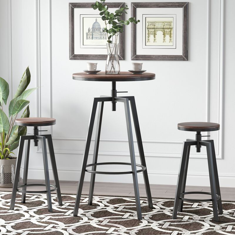 Industrial Bar Dining: 3-Piece Adjustable Height Bistro Set with Swivel Stools