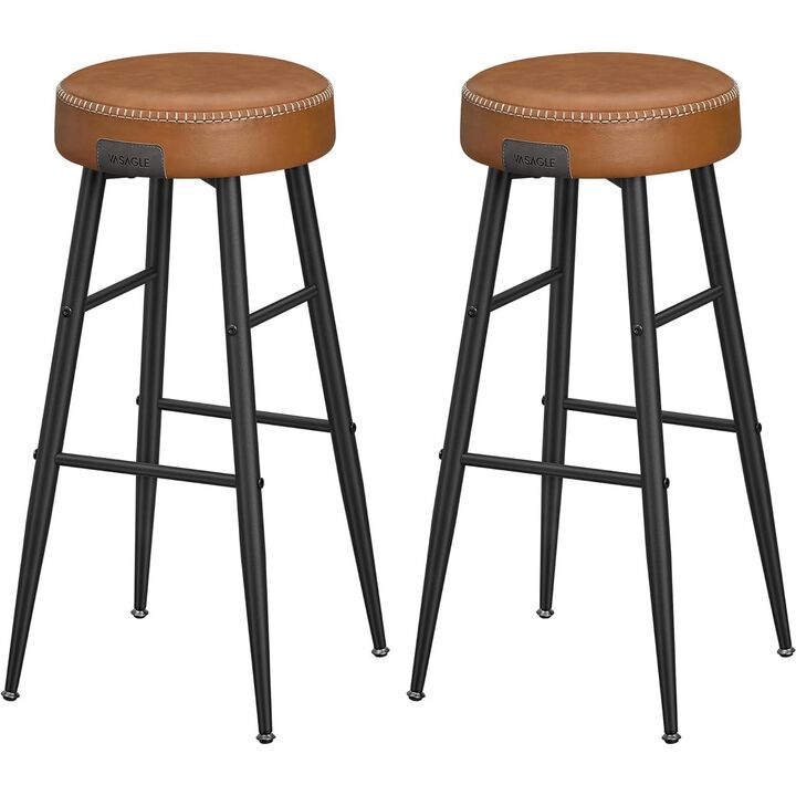 Laxy 30 Inch Barstool Set of 2, Brown Faux Leather Round Padded Seat, Black - Benzara