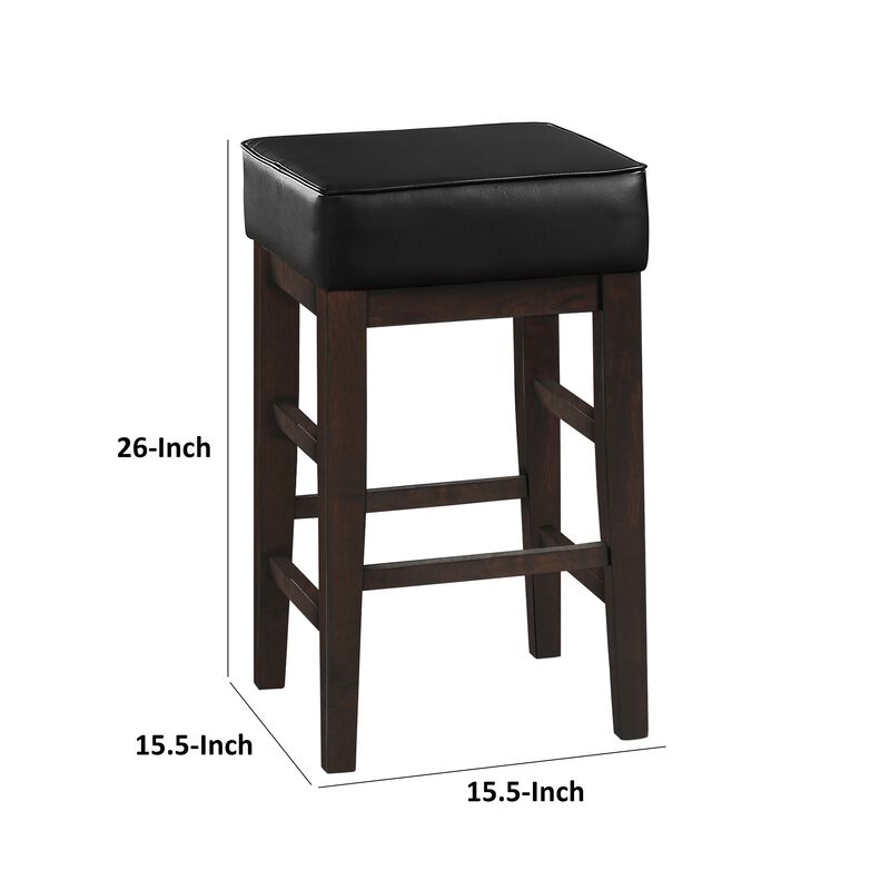 Vin 26 Inch Counter Height Stool, Black Faux Leather Seat, Dark Brown, Set of 2 - Benzara