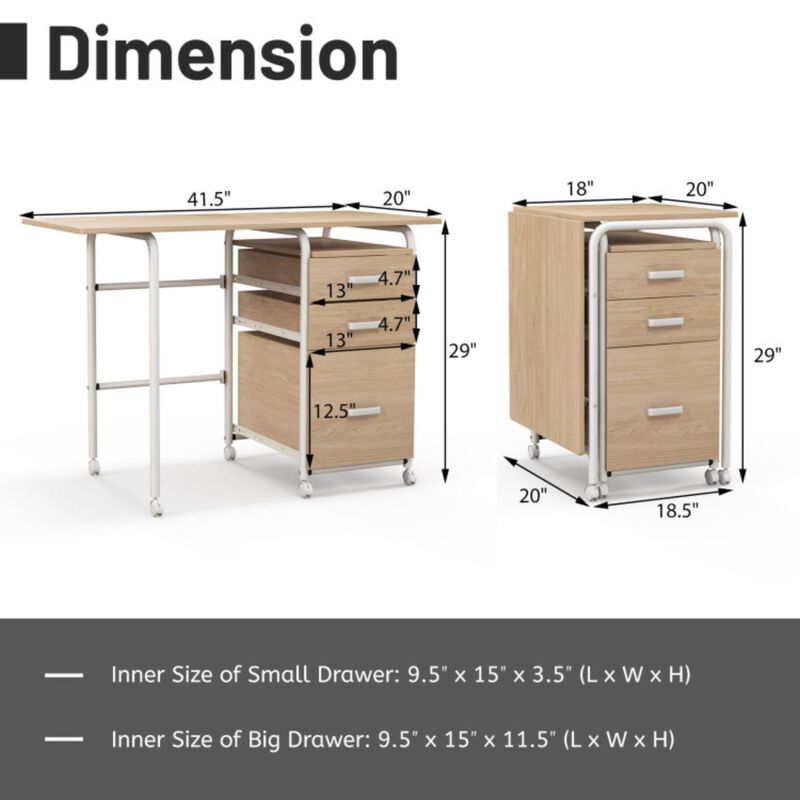 Home Office Folding Computer Laptop Desk Wheeled with 3 Drawers