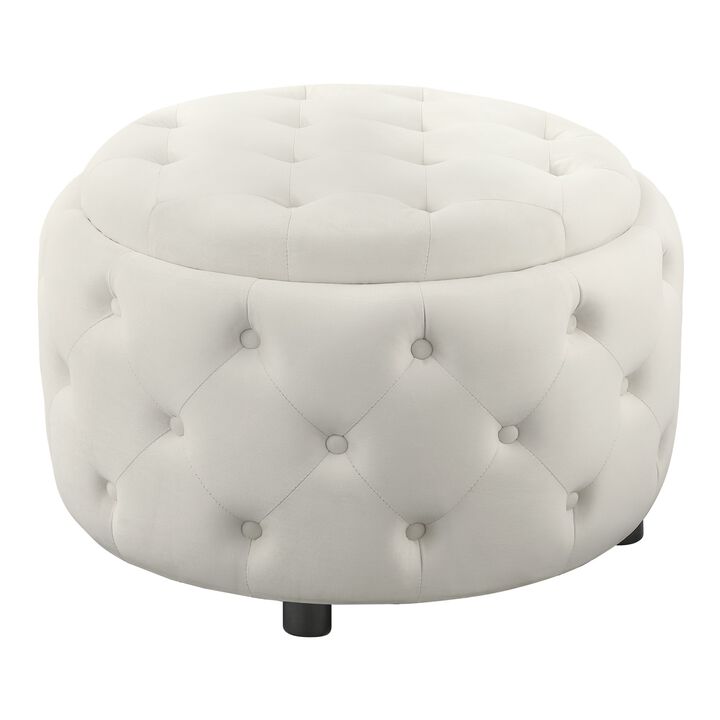 Lina 28 Inch Round Ottoman, Storage Area, Pearl White Vegan Faux Leather-Benzara