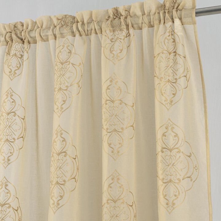 RT Designers Collection Andrea 2 Pieces 1.5" Rod Pocket Damask Embroidery Metallic 36" x 84" Taupe