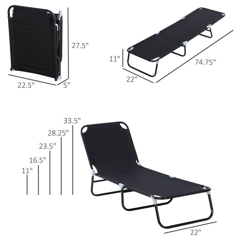 Black Sun Lounger: Portable 5-Position Folding Chaise for Beach, Poolside, Patio