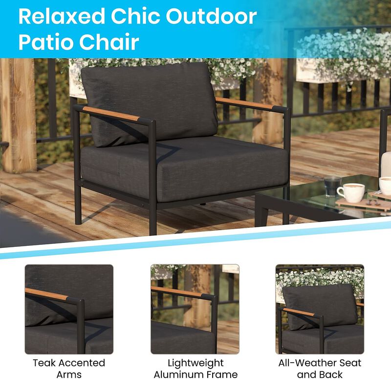 Flash Furniture Lea Indoor/Outdoor Patio Chair with Cushions - Modern Aluminum Framed Chair with Teak Accented Arms, Black with Charcoal Cushions