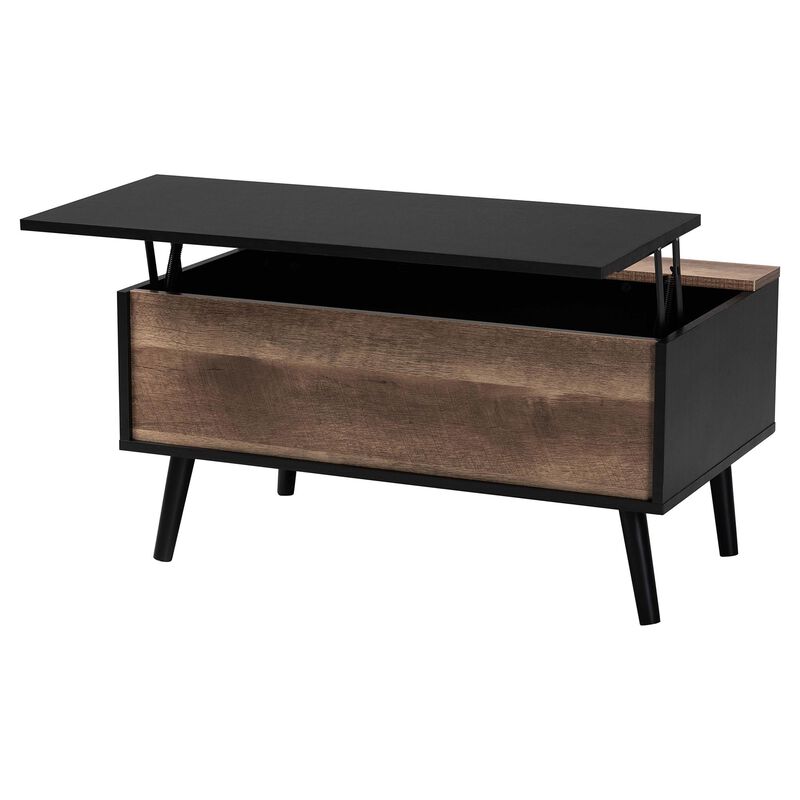 Baxton Studio Jensen Modern and Contemporary Two-Tone Black and Rustic Brown Finished Wood Lift Top Coffee Table with Storage Compartment