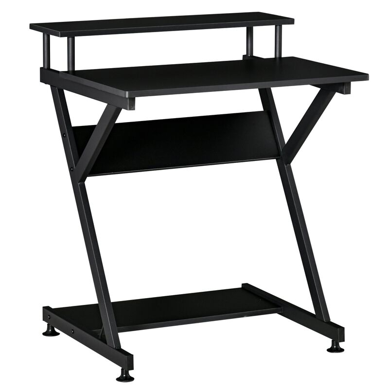 Black industrial computer desk with monitor shelf, R-shaped writing table design, suitable for home office setups.