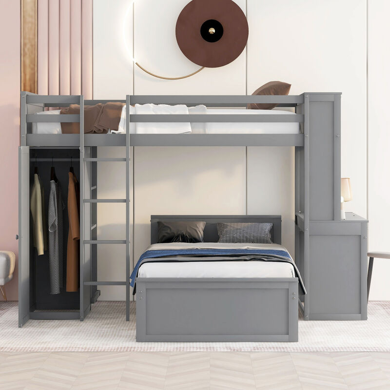 Twin size Loft Bed with a Stand-alone bed, Shelves, Desk, and Wardrobe-White