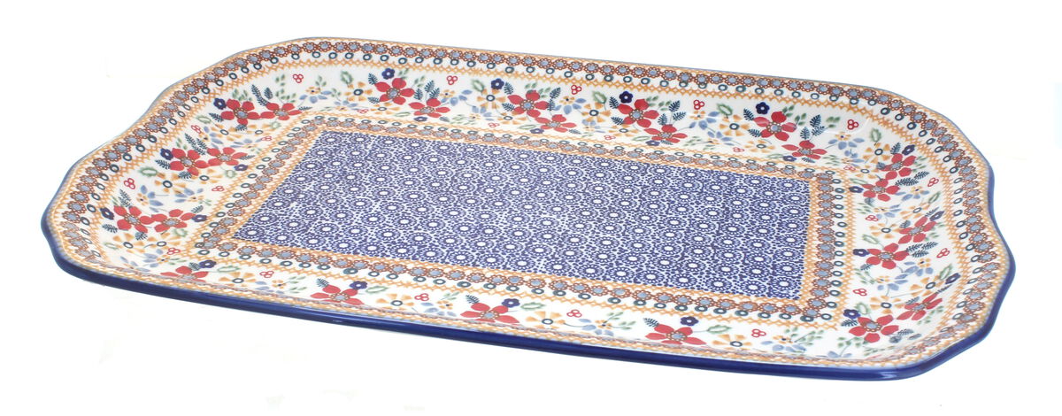 Blue Rose Polish Pottery Blue Violet Large Rectangular Serving Dish