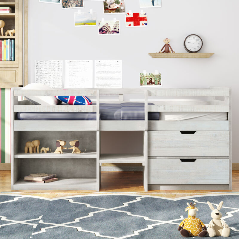 Twin size Loft Bed with Two Shelves and Two drawers (White)